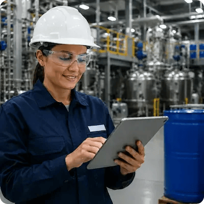 Mulher branca com capacete e óculos de proteção usando um tablet